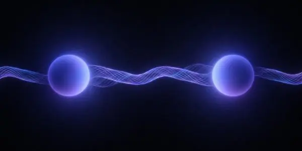 Two glowing spheres joined by a woven filament of light