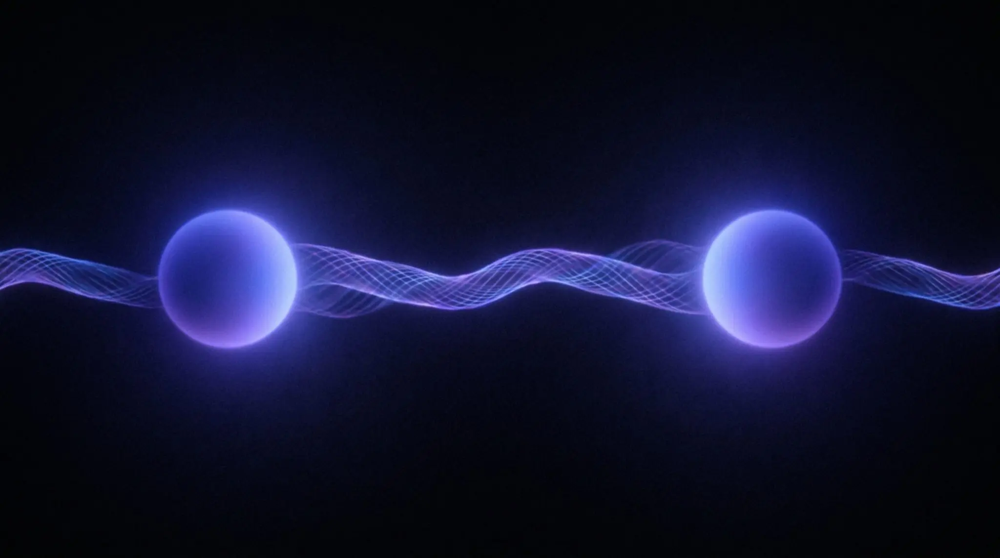 Two glowing spheres joined by a woven filament of light