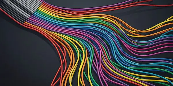 A ribbon cable fanning into individual coloured wires
