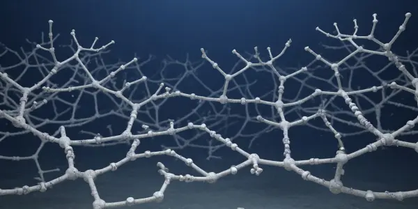 A complex, branching white structure rests on a dark surface against a deep blue background, creating a futuristic scene.