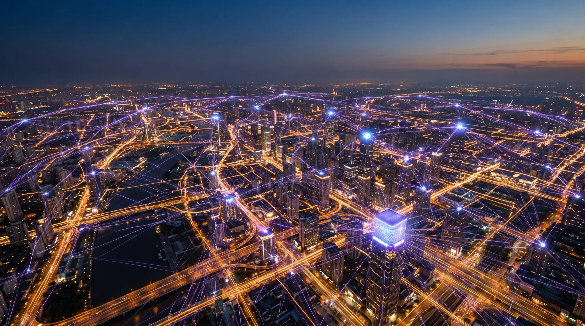 aerial dusk view of a city laced with glowing purple network links between rooftops
