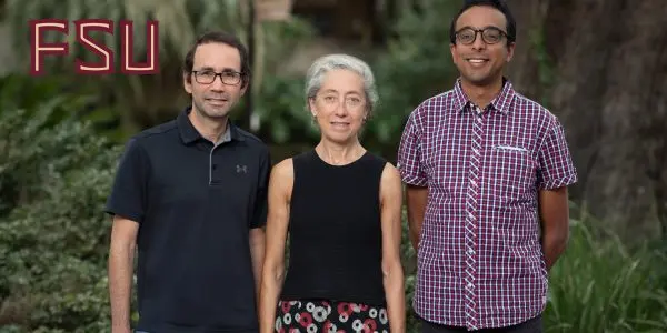 From left, Professor of Physics Fernando Febres Cordero, Robert O. Lawton Professor of Physics Laura Reina, and Physics