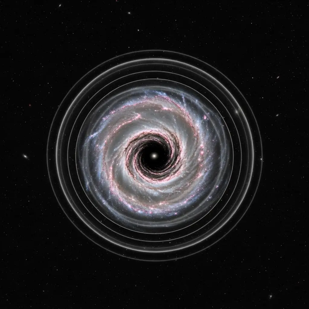 Distant galaxy silhouette with intense radio burst wavefront expanding outward, faint hydrogen cloud illuminated by ripple patterns