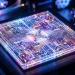 A chip whose circuit traces glow like light paths