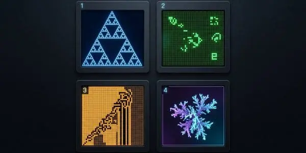 Four cellular-automata patterns on pixel grids