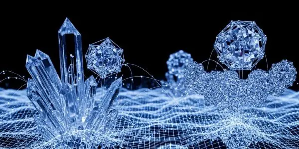 Synthetic material images emerging from generative data grid, crystal structures forming clearly, deep black space