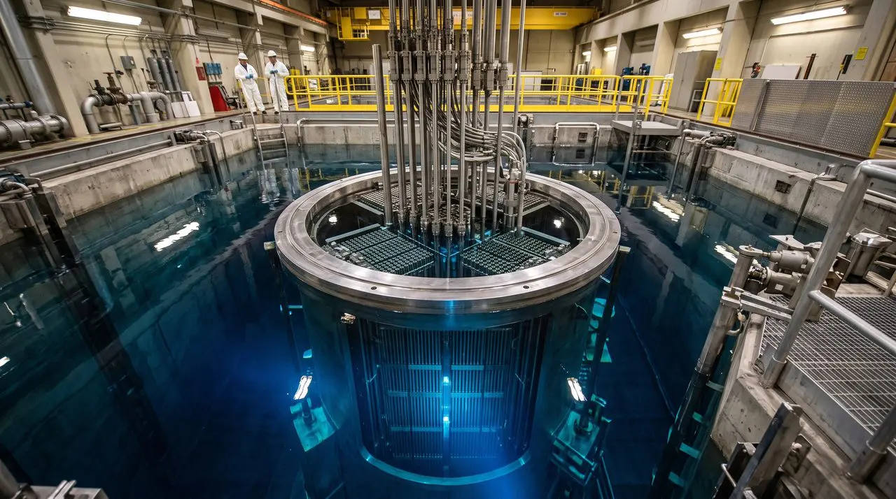 An open nuclear reactor pool glowing blue