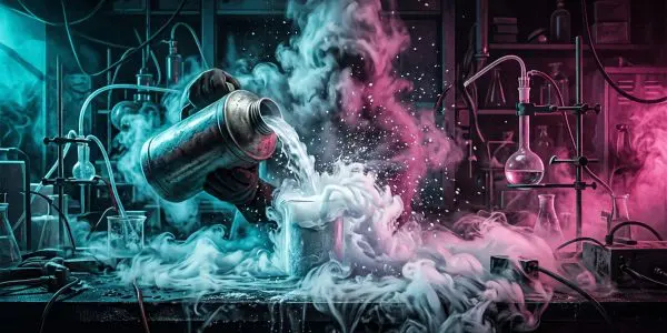 Liquid nitrogen poured into a beaker in a cloud of vapour