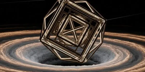 Geometric 4-simplex structure suspended in curved spacetime foam, luminous edges forming stable non-degenerate structure, subtle cosmological curvature glow surrounding it