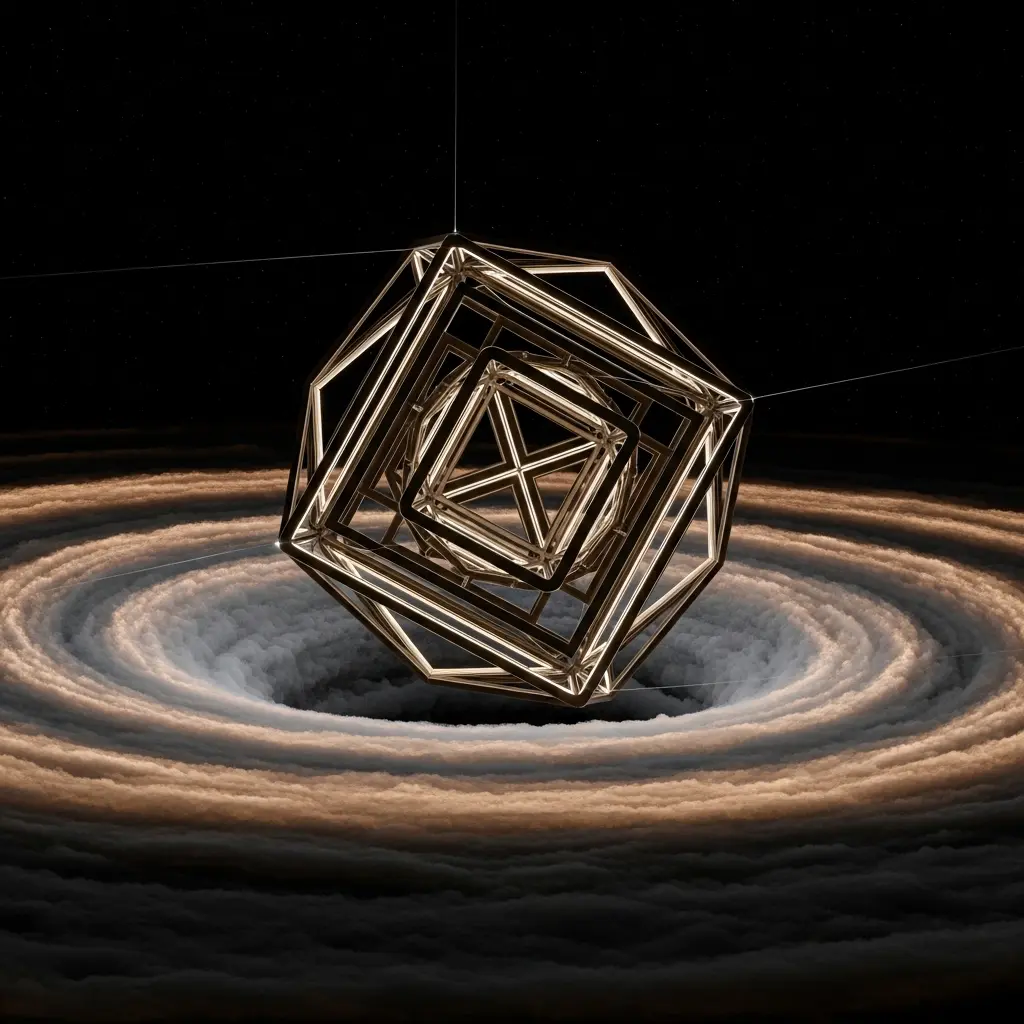 Geometric 4-simplex structure suspended in curved spacetime foam, luminous edges forming stable non-degenerate structure, subtle cosmological curvature glow surrounding it