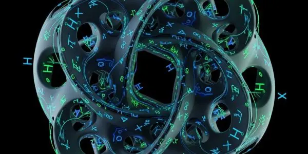 Abstract geometric manifold with quantum gate symbols represented as smooth curved paths across surface