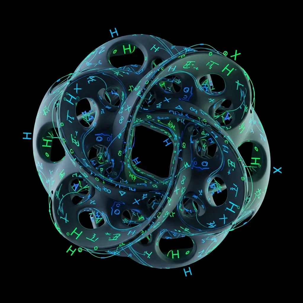 Abstract geometric manifold with quantum gate symbols represented as smooth curved paths across surface