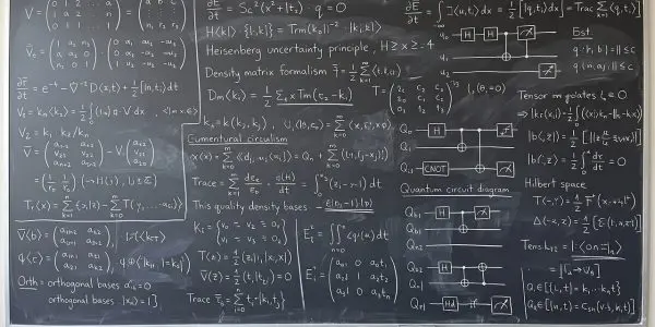 A blackboard of quantum circuit diagrams and matrix algebra