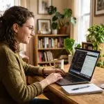 A person working at a laptop by a bright window