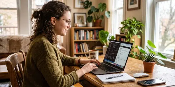 A person working at a laptop by a bright window