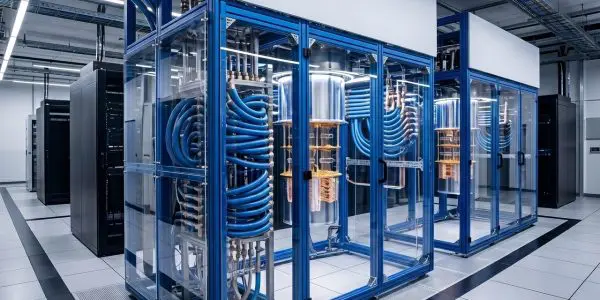A hall of glass-fronted equipment cabinets