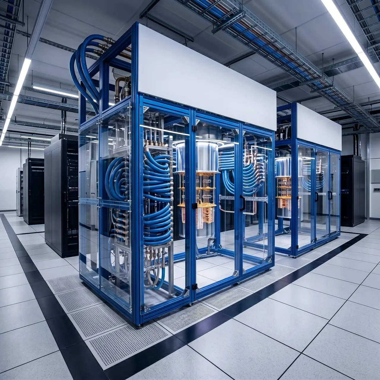 A hall of glass-fronted equipment cabinets