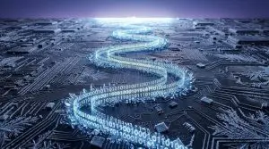 A glowing ribbon of binary digits edged with ice crystals winds across a frost-covered circuit board towards a bright horizon