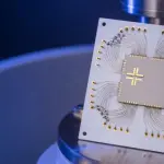 A square circuit board with gold wiring and two chips is lit with cool blue and white tones in a lab setting.