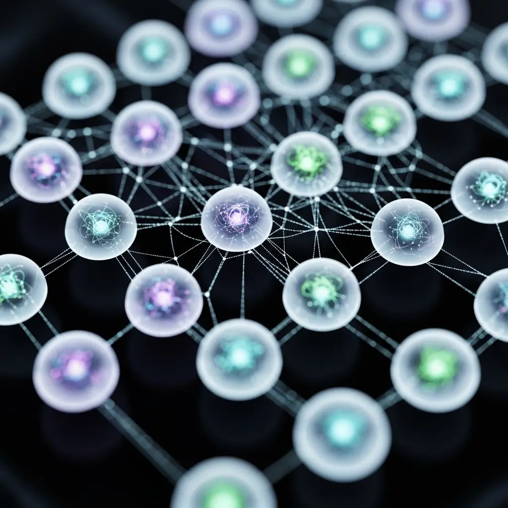 27 glowing qubit nodes arranged in structured formation, algorithm pathways simplifying entanglement web