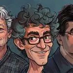 Illustrated caricatures of Geoffrey Hinton, Yoshua Bengio and Yann LeCun, the three godfathers of AI, side by side against a dark blue background