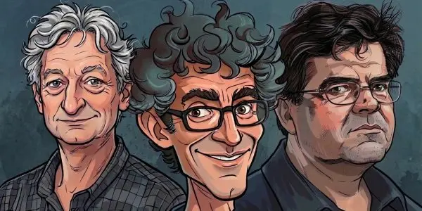Illustrated caricatures of Geoffrey Hinton, Yoshua Bengio and Yann LeCun, the three godfathers of AI, side by side against a dark blue background