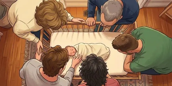 Illustration of five people leaning over a sleeping baby in a cot, representing the godfathers of quantum computing