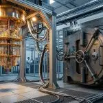 A gold dilution refrigerator quantum computer cabled to a heavy steel vault door in a data centre, illustrating quantum cryptography and the threat to encryption