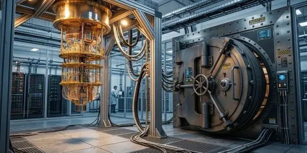 A gold dilution refrigerator quantum computer cabled to a heavy steel vault door in a data centre, illustrating quantum cryptography and the threat to encryption