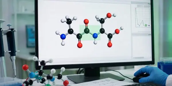 A computational chemistry workstation with a molecular model