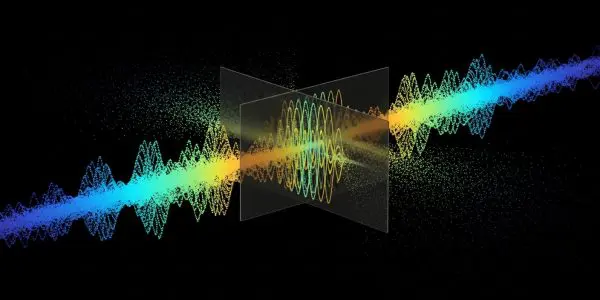 A rainbow particle waveform sharpens into ordered oscillations crossing a glass plane