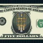 Pixel-art illustration of a five-dollar banknote with a quantum computer cryostat in place of the portrait