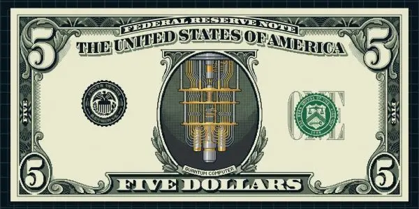 Pixel-art illustration of a five-dollar banknote with a quantum computer cryostat in place of the portrait