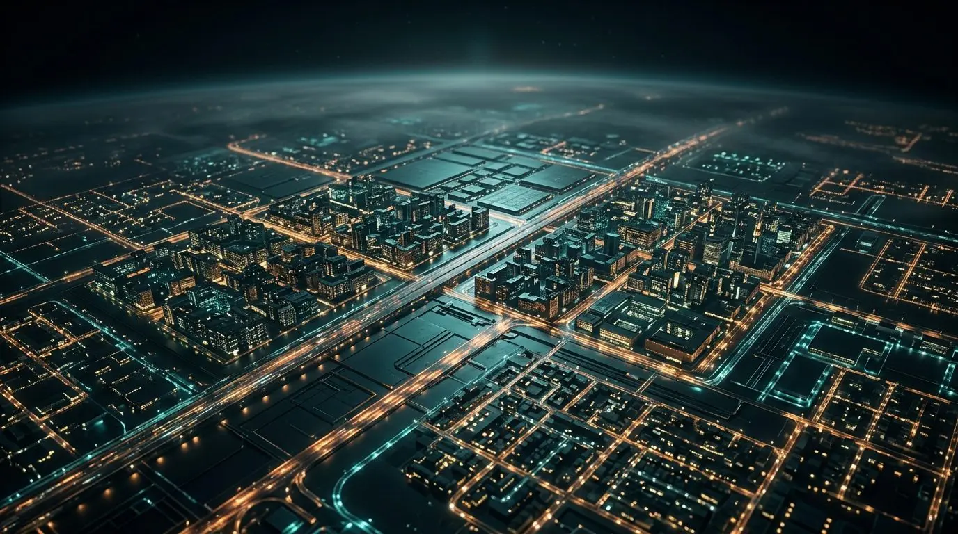 A circuit board lit like a city seen from the air