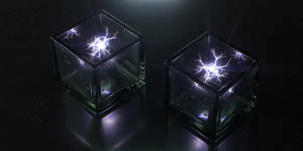 Two transparent cubes containing bright, branching energy patterns sit on a reflective surface, illuminated by a light above.