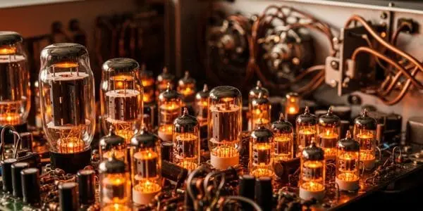 Vacuum-tube rack lit by internal filaments