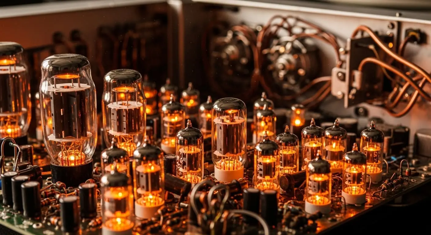 Vacuum-tube rack lit by internal filaments