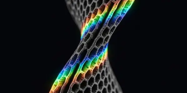 Twisted layered graphite sheets forming diamond-shaped moire interference pattern, flat electronic bands glowing across structure