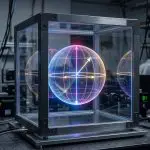 A Bloch sphere rendered inside a glass cube