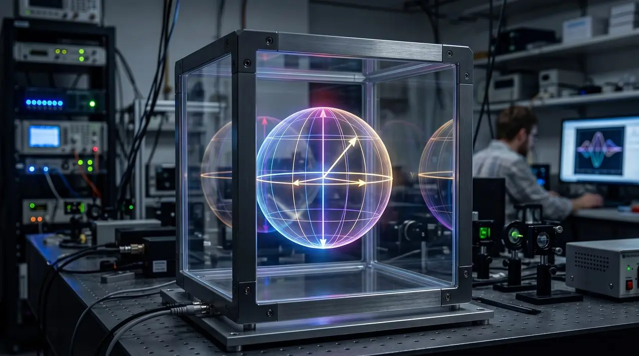 A Bloch sphere rendered inside a glass cube