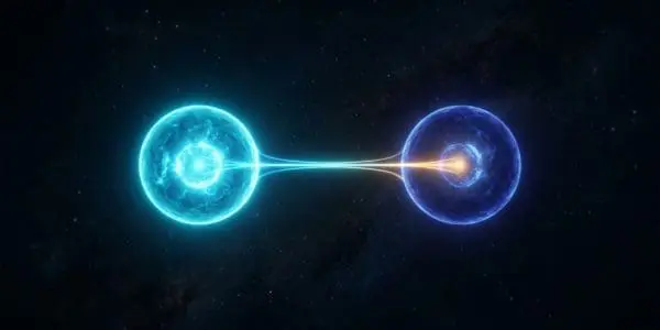 Two glowing spherical orbs, one cyan and one deeper blue, connected by a thin bright filament of light across a dark starry expanse.