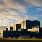 Data-centre exterior with cooling stacks