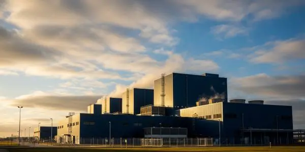 Data-centre exterior with cooling stacks