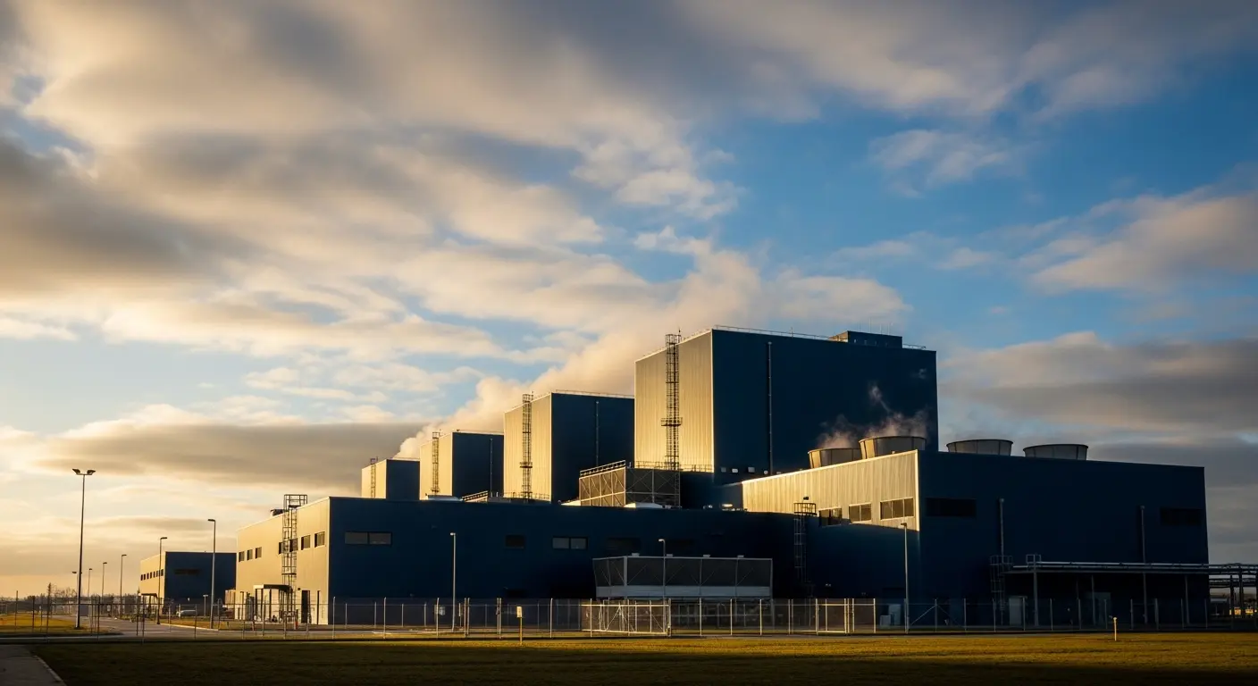 Data-centre exterior with cooling stacks