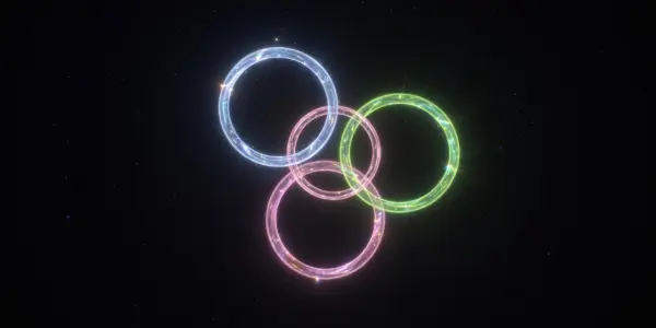 Overlapping glowing rings in blue, pink and green float against a dark, starry background, creating a futuristic aesthetic.