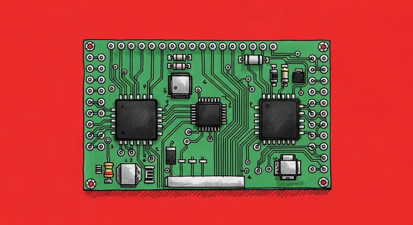 Green circuit board with labelled chips