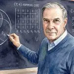 A watercolour of a man at a blackboard carrying the three-circle diagram of the (7,4) Hamming code, its parity-check matrix and its three parity equations