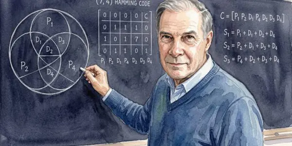 A watercolour of a man at a blackboard carrying the three-circle diagram of the (7,4) Hamming code, its parity-check matrix and its three parity equations