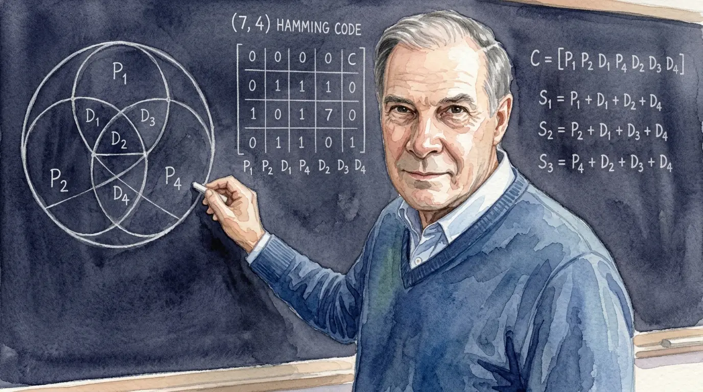 A watercolour of a man at a blackboard carrying the three-circle diagram of the (7,4) Hamming code, its parity-check matrix and its three parity equations