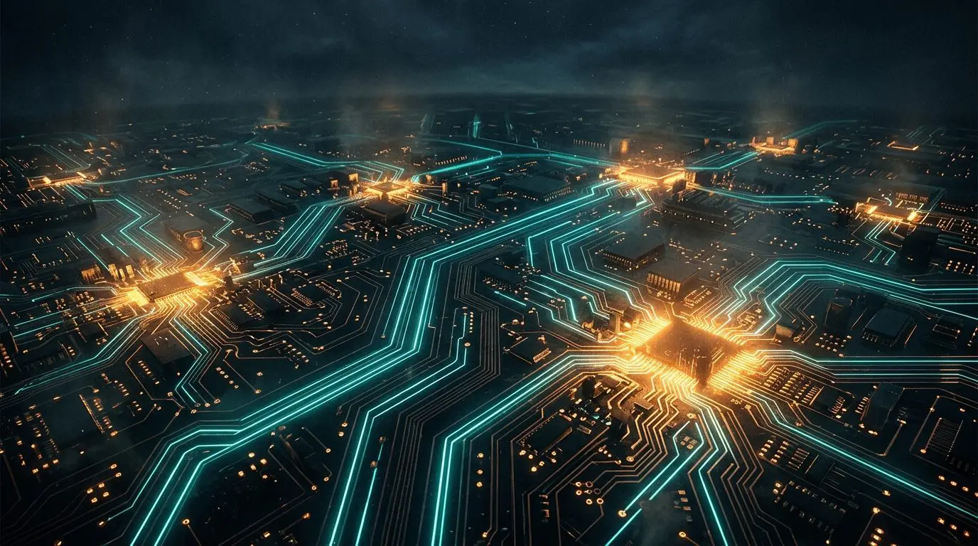 Circuit traces glowing like roads in an aerial view